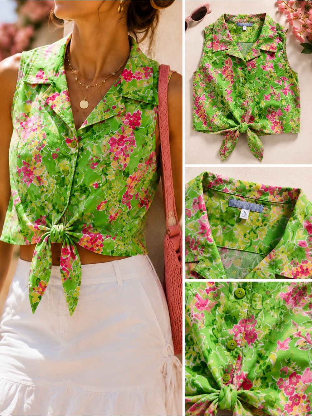 Half Moon Bay Floral Tie Front Crop Top M Green Pink Cotton